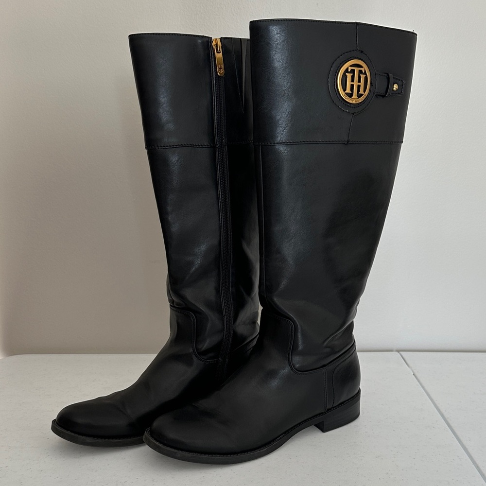 Tommy Hilfiger Black Tall Fashion Boots with Gold Logo